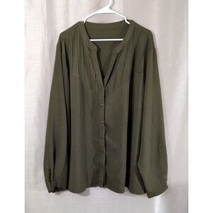Women's 4X Blouse Long Sleeve Olive Green Pintuck V Neck Button Up Career Boho